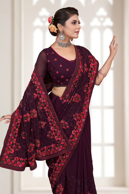 Wine Colour Georgette Saree VSSD1090778