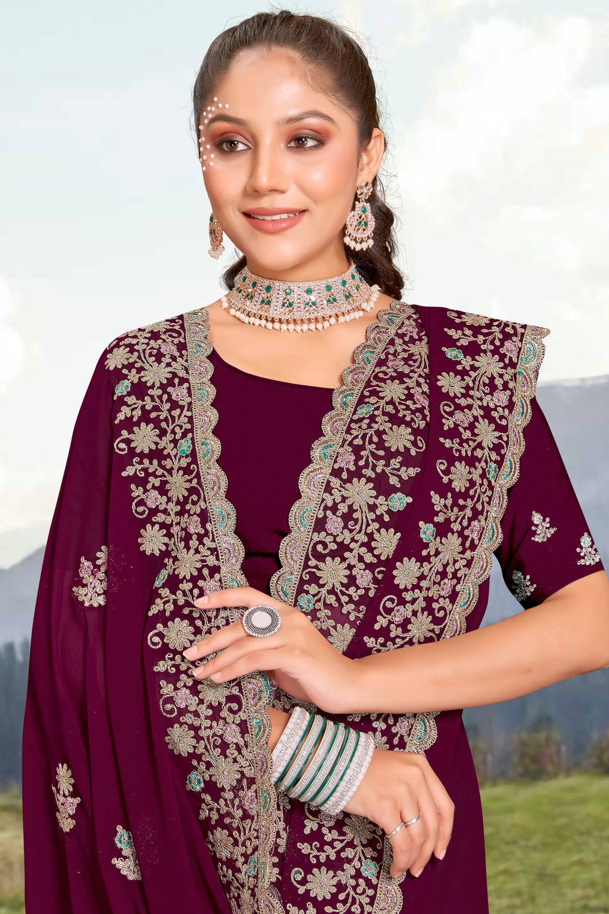 Wine Colour Georgette Saree VSSD1090951