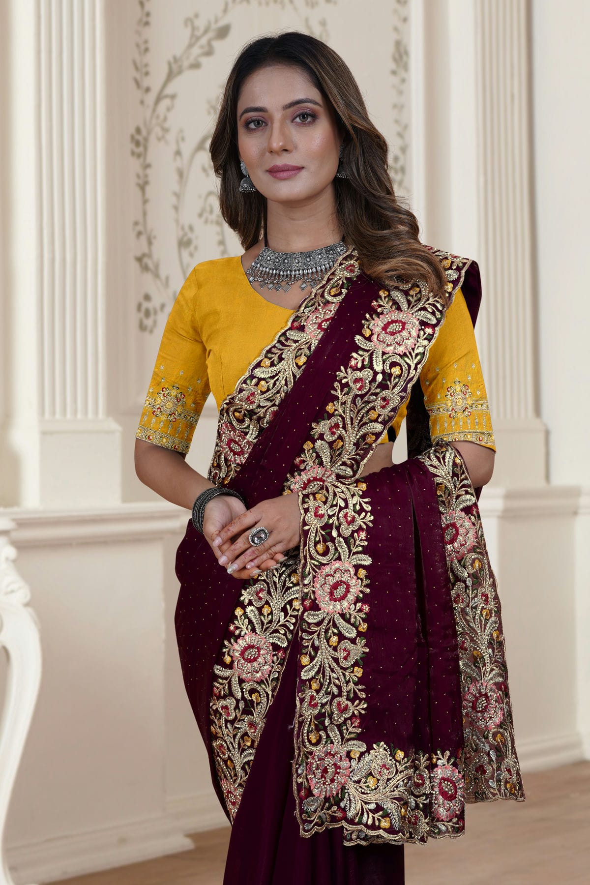 Wine Colour Satin Silk Saree VSSD1090900