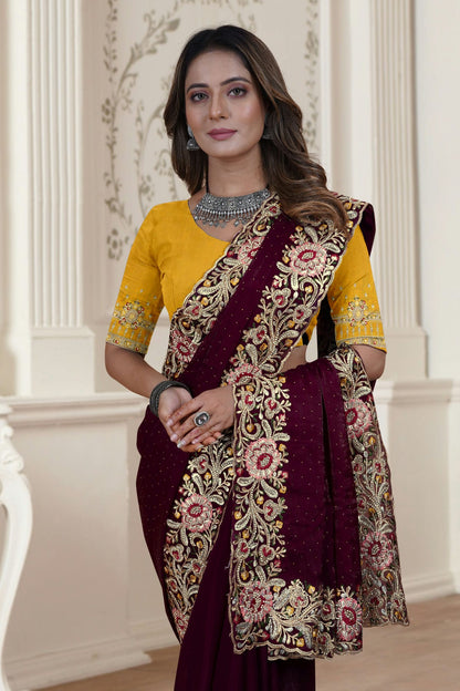 Wine Colour Satin Silk Saree VSSD1090900