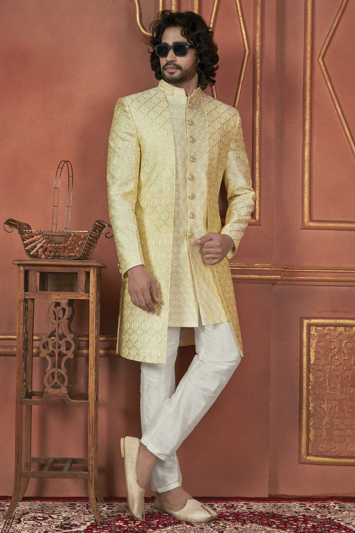 Yellow Colour Art Silk Indowestern Sherwani With Aligadhi Pant VSSH1230087