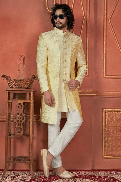 Yellow Colour Art Silk Indowestern Sherwani With Aligadhi Pant VSSH1230087