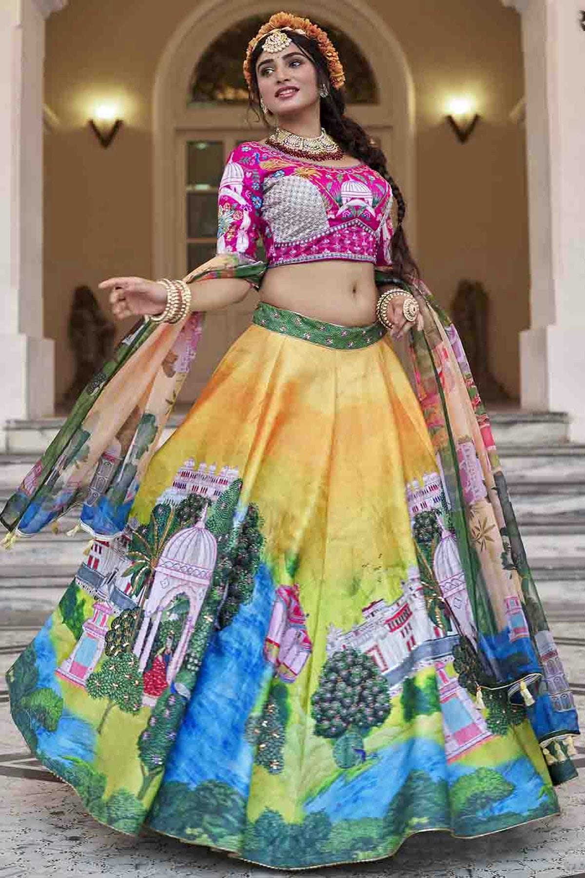 Yellow Colour Art Silk Printed and Hand Work Lehenga Choli