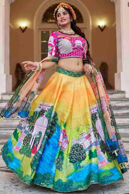 Yellow Colour Art Silk Printed and Hand Work Lehenga Choli