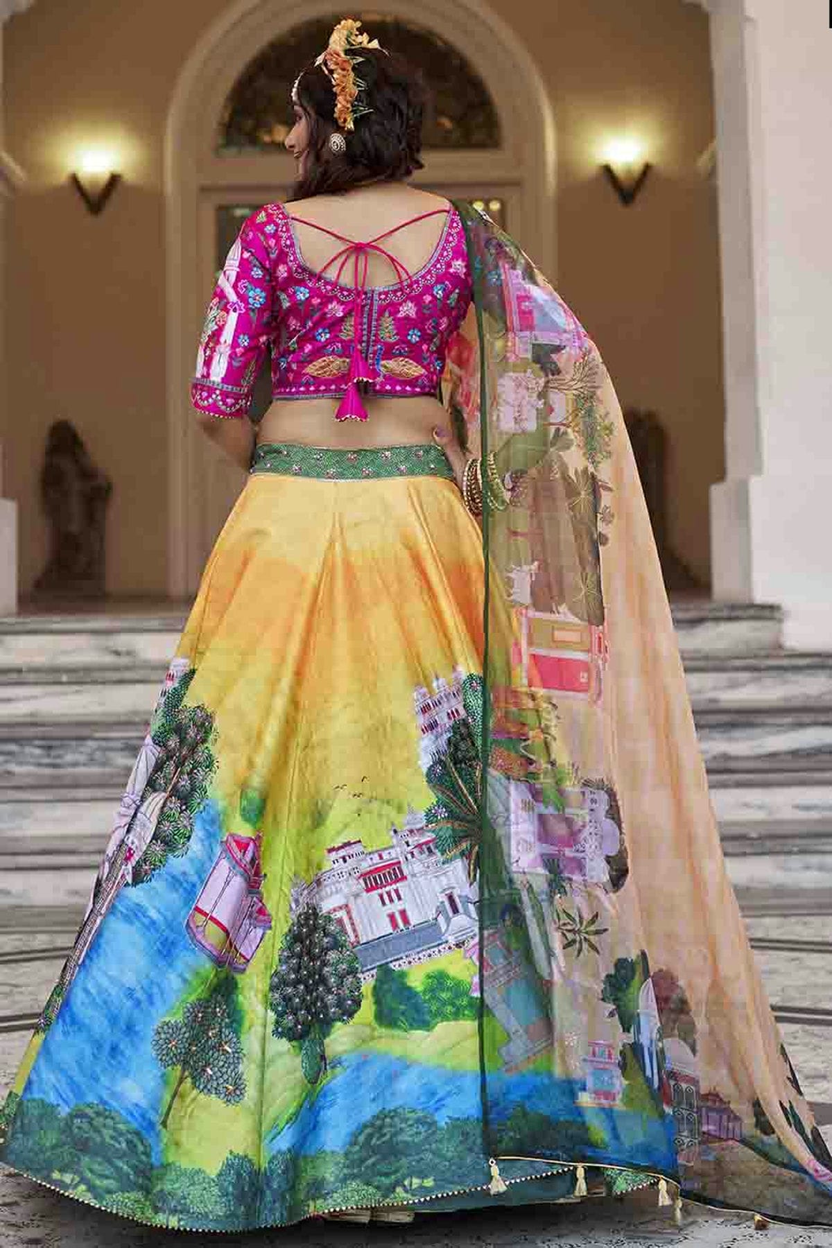 Yellow Colour Art Silk Printed and Hand Work Lehenga Choli