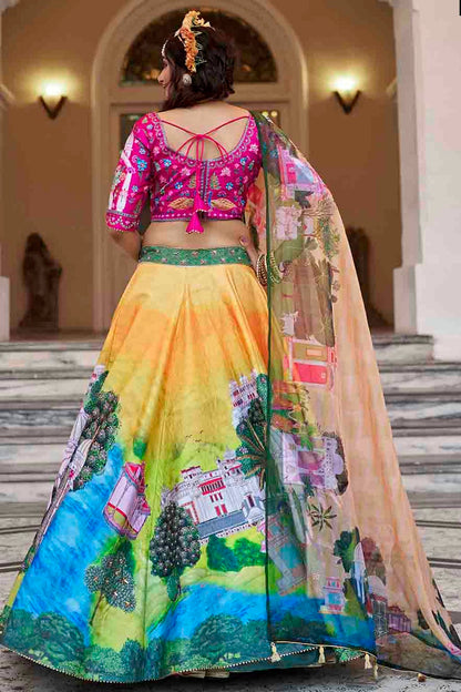 Yellow Colour Art Silk Printed and Hand Work Lehenga Choli