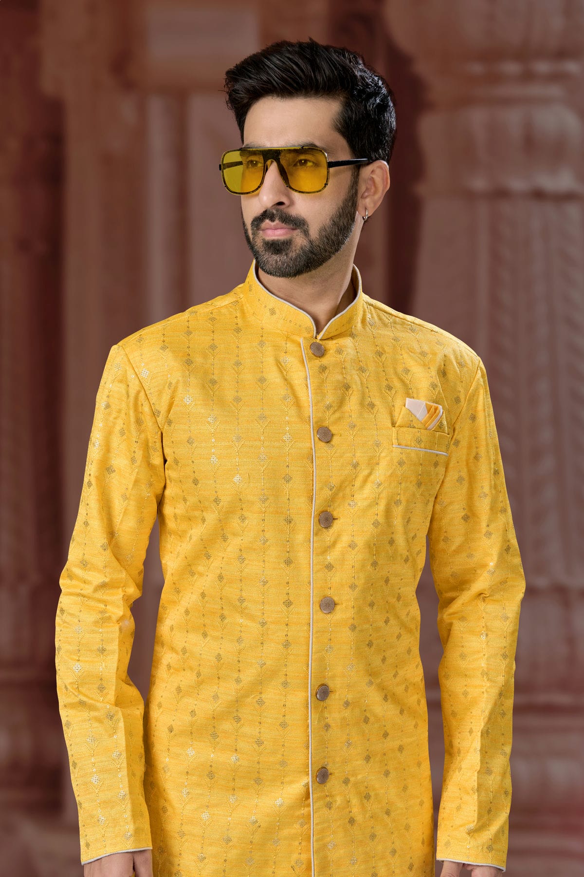 Yellow Colour Banglori Silk Sherwani VSSH1040566