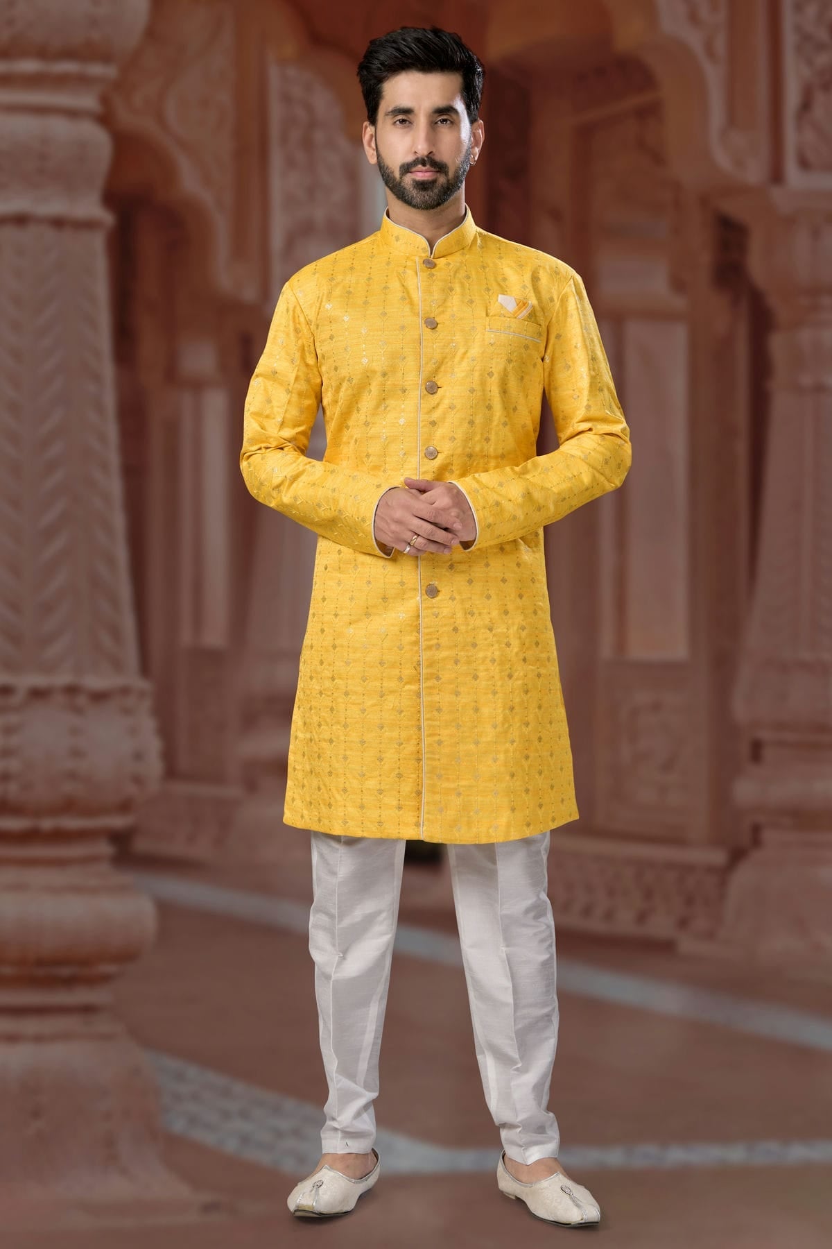 Yellow Colour Banglori Silk Sherwani VSSH1040566