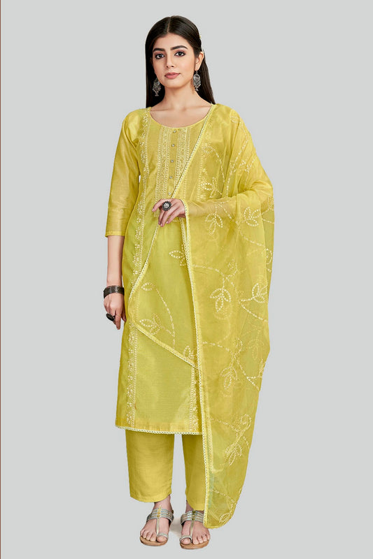 Yellow Colour Chanderi Silk Pant Style Suit