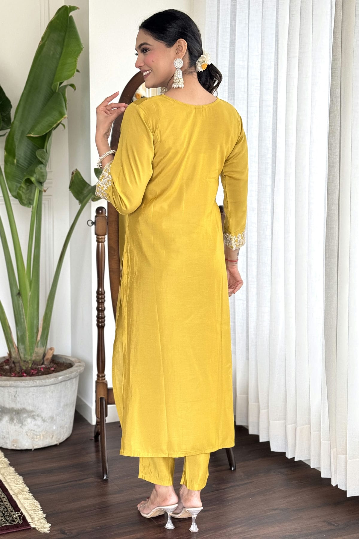Yellow Colour Chanderi Stitched Salwar Suit
