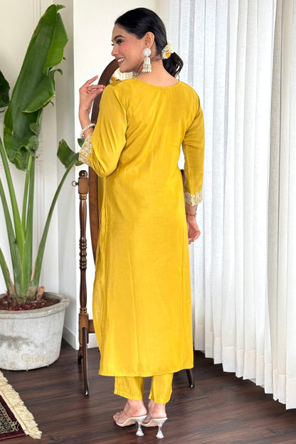 Yellow Colour Chanderi Stitched Salwar Suit