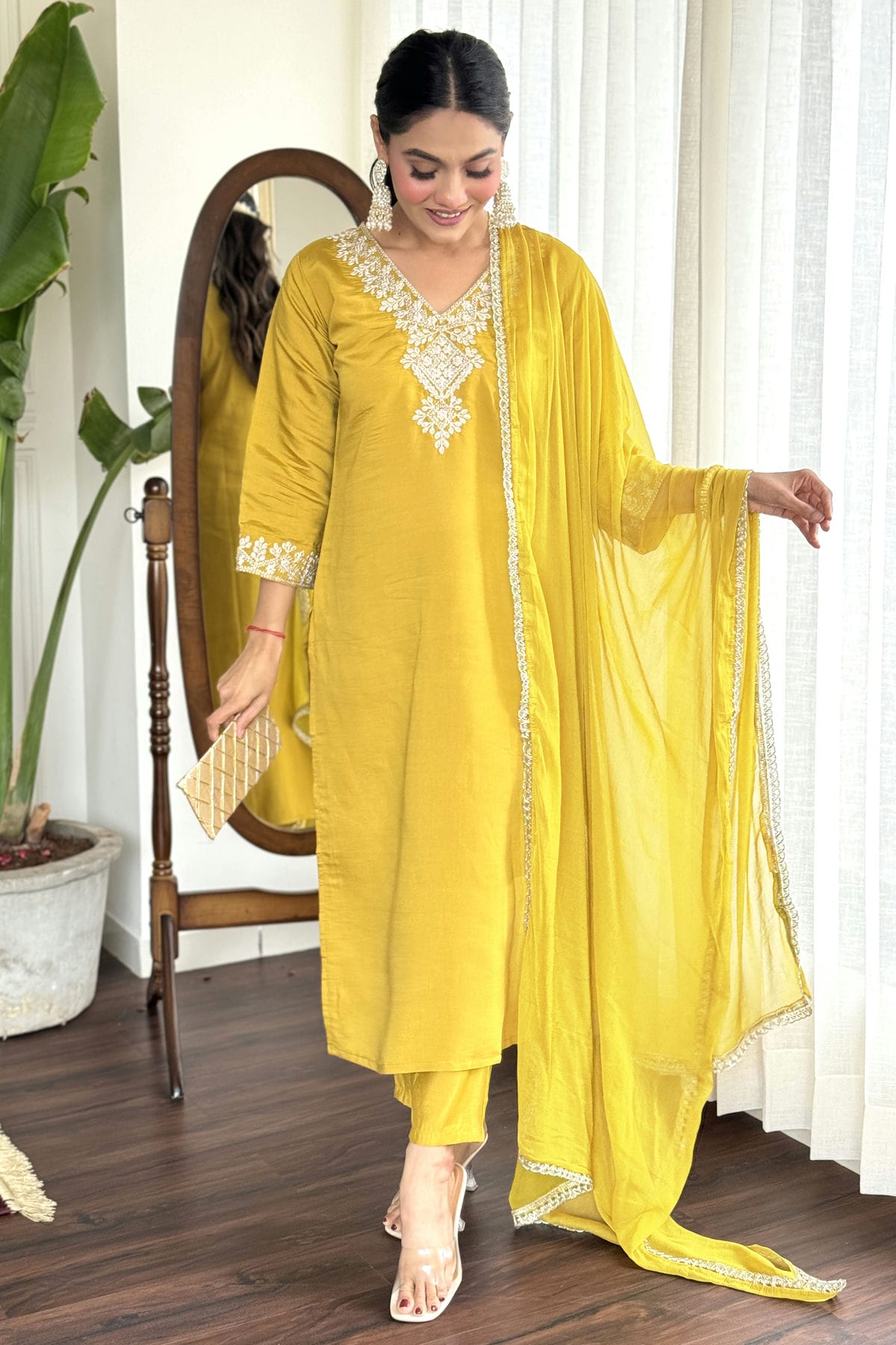 Yellow Colour Chanderi Stitched Salwar Suit