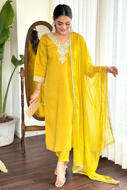 Yellow Colour Chanderi Stitched Salwar Suit