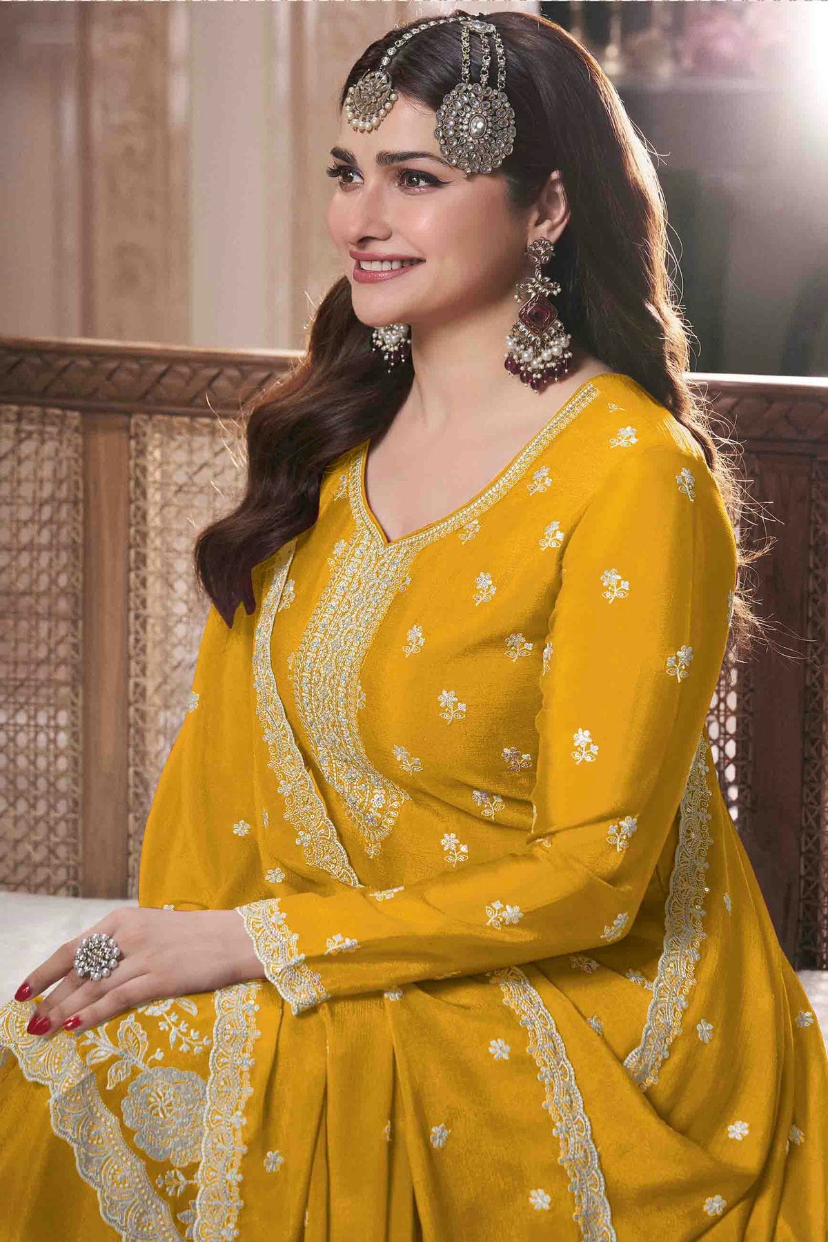 Yellow Colour Chinon Palazzo Pant Suit VSSM1140919