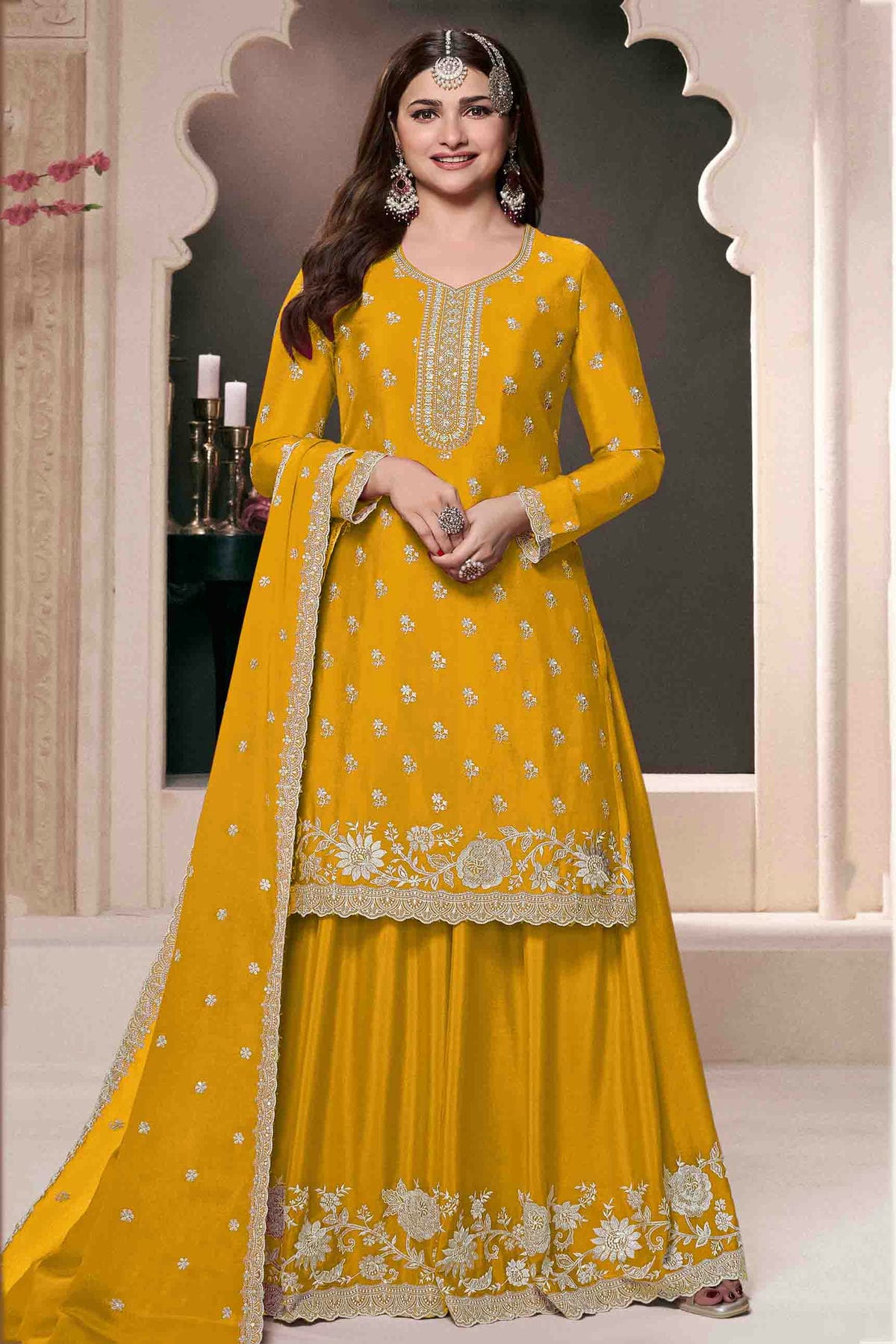 Yellow Colour Chinon Palazzo Pant Suit VSSM1140919