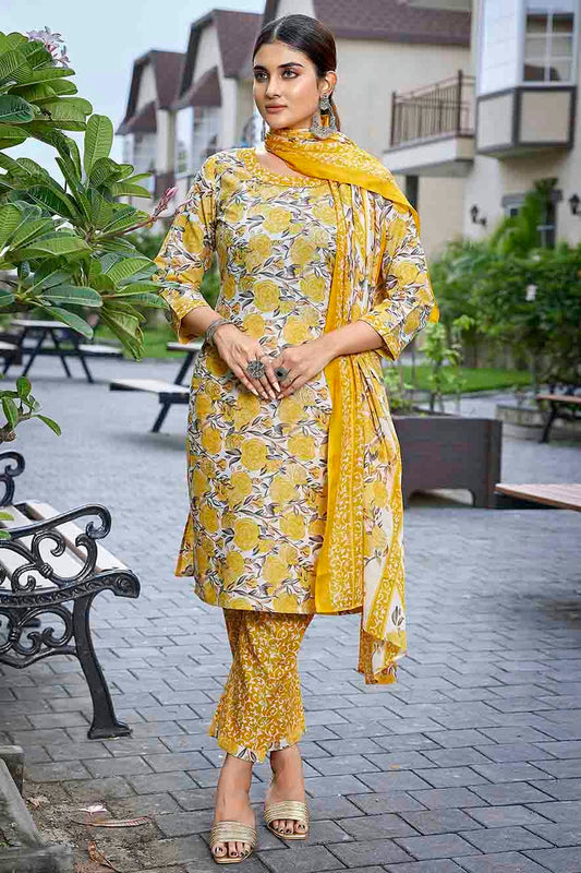 Yellow Colour Cotton Blend Stitched Suit VSSS1112978