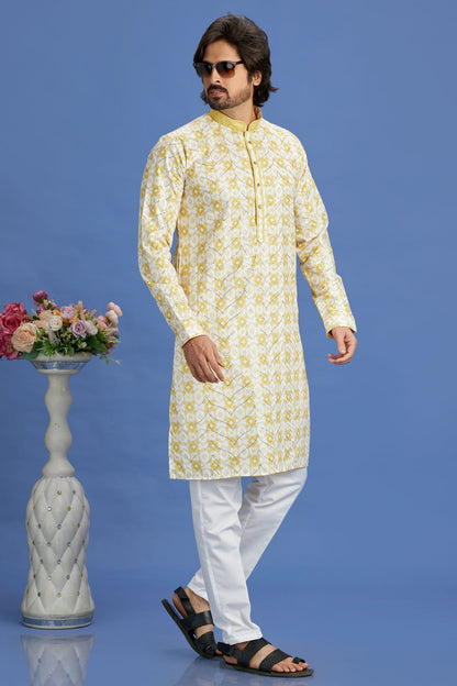 Yellow Colour Cotton Pintex Work Kurta Pajama VSKP1230148