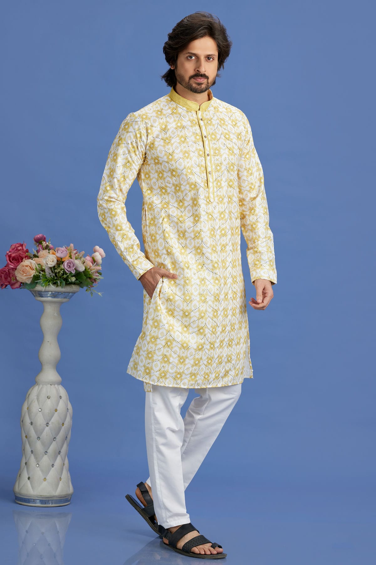 Yellow Colour Cotton Pintex Work Kurta Pajama