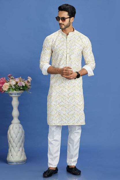 Yellow Colour Cotton Pintex Work Kurta Pajama VSKP1230155