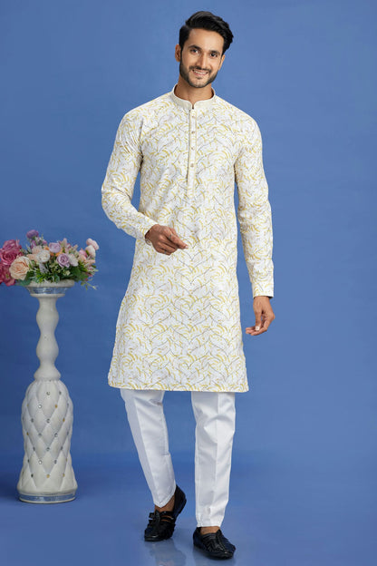Yellow Colour Cotton Pintex Work Kurta Pajama