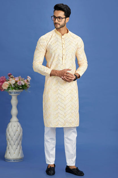Yellow Colour Cotton Pintex Work Kurta Pajama VSKP1230159