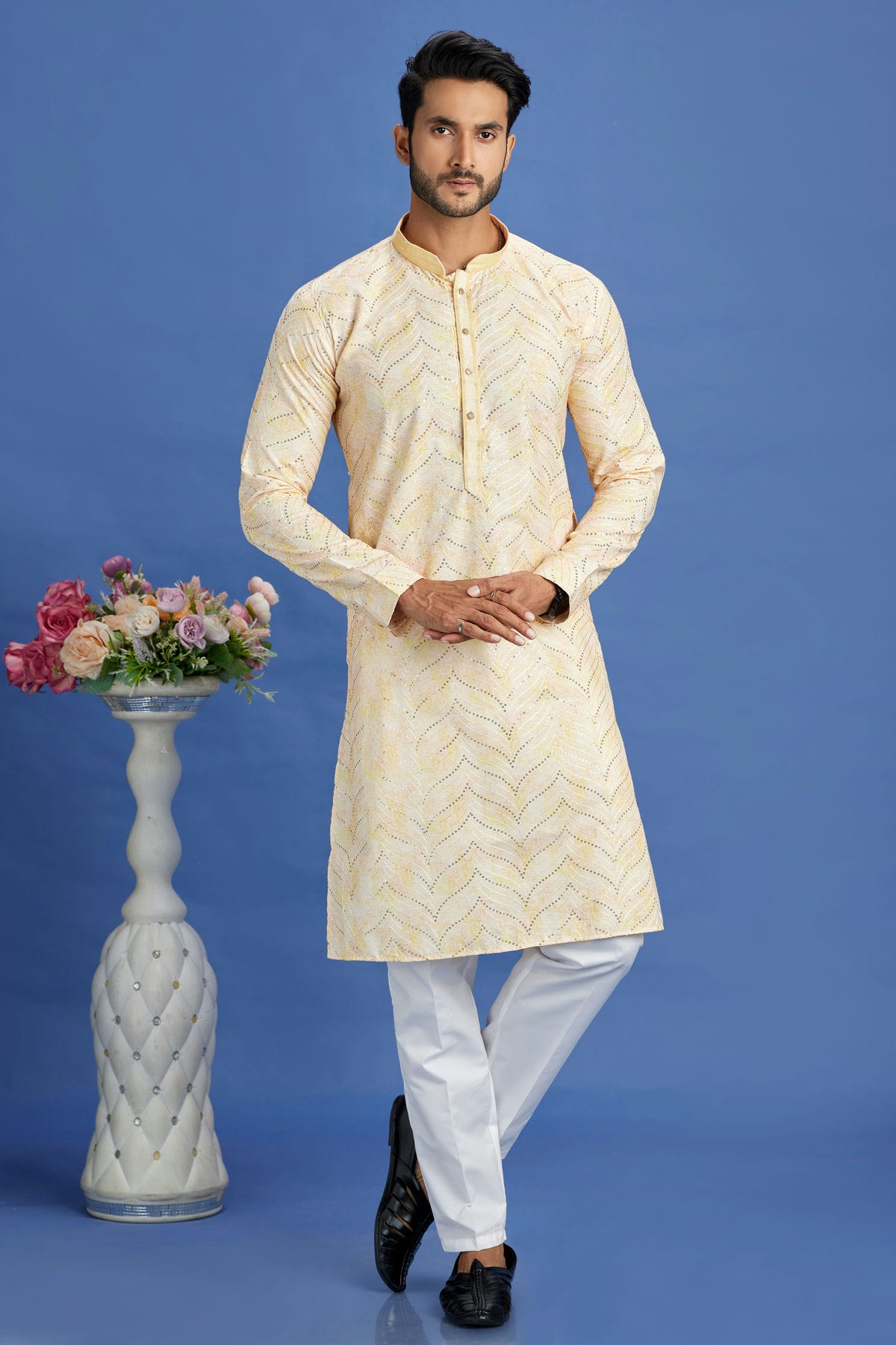 Yellow Colour Cotton Pintex Work Kurta Pajama