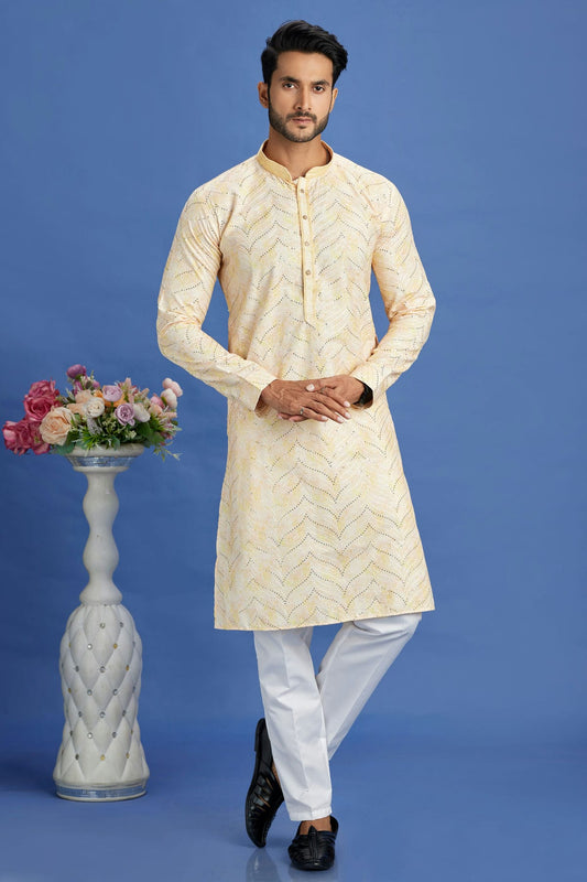 Yellow Colour Cotton Pintex Work Kurta Pajama