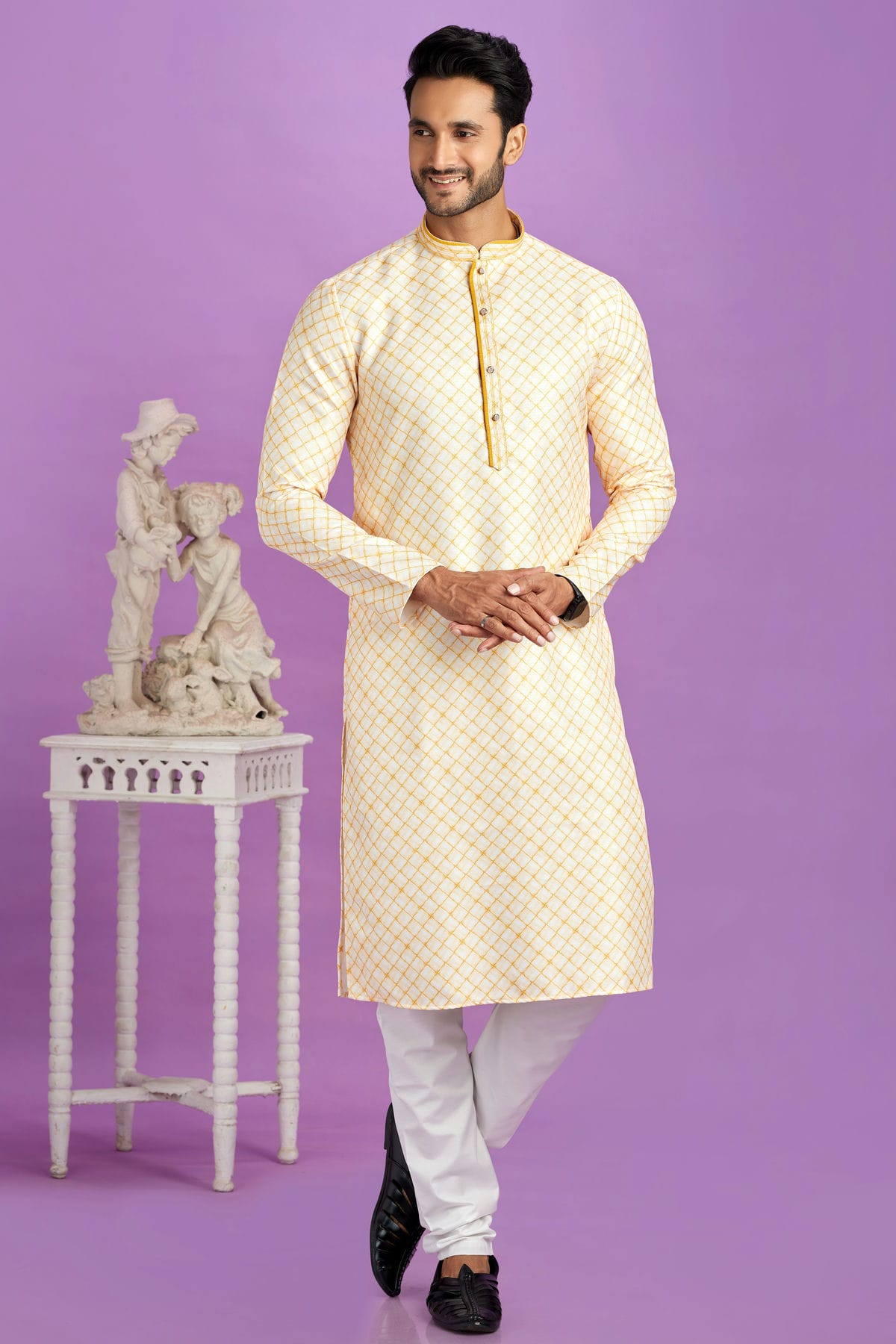 Yellow Colour Cotton Pintex Work Kurta Pajama