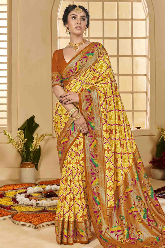 Yellow Colour Cotton Silk Ikkat Printed Traditional Saree VSSD1113591