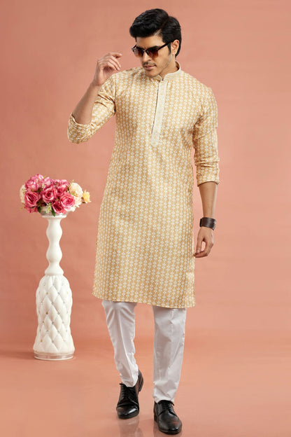 Yellow Colour Cotton Thread Work Kurta Pajama VSKP1230170