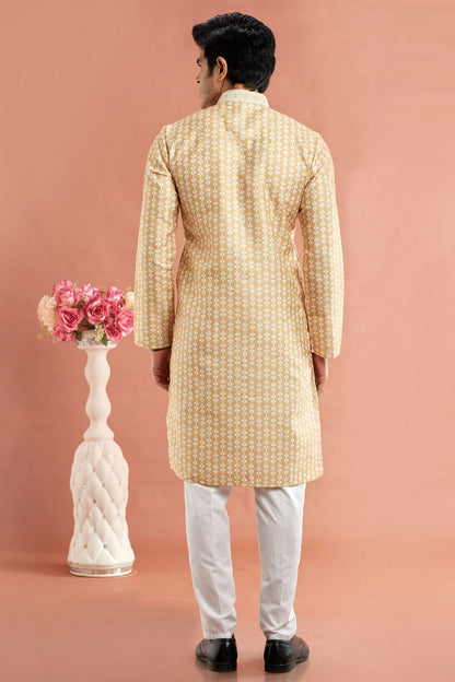 Yellow Colour Cotton Thread Work Kurta Pajama VSKP1230170