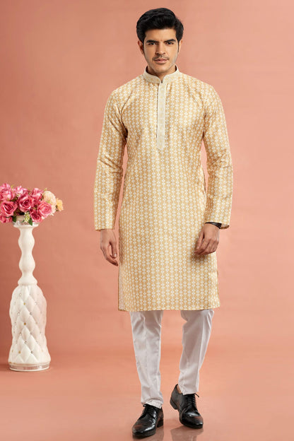 Yellow Colour Cotton Thread Work Kurta Pajama