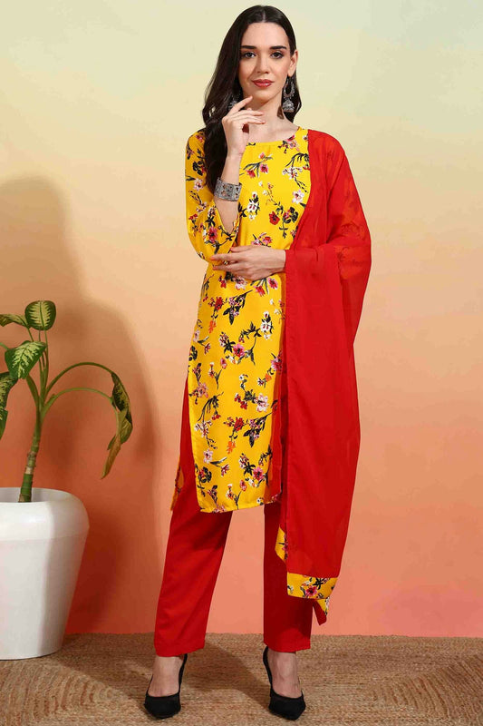 Yellow Colour Crepe Printed Pant Style Suit VSSS1113636