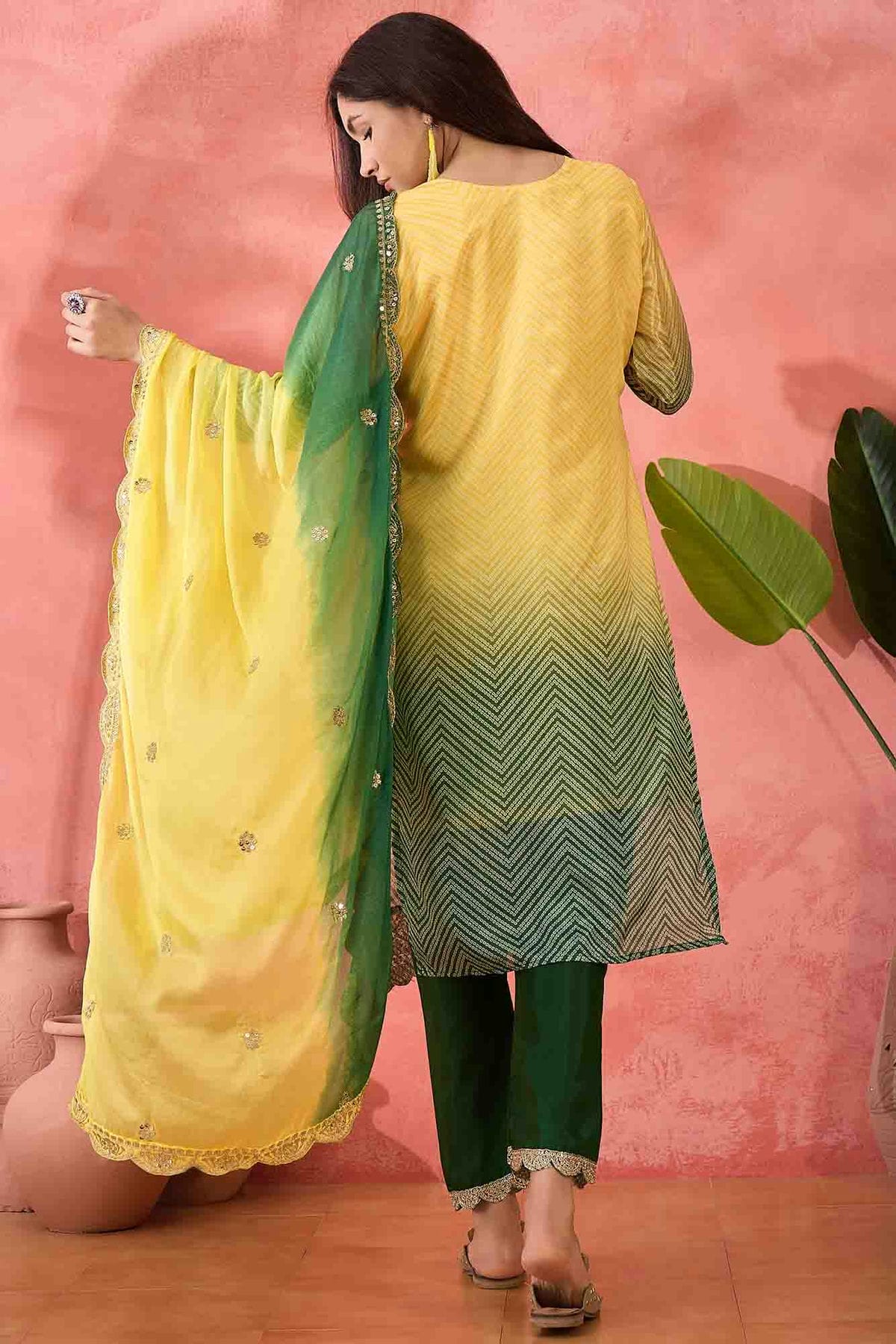 Yellow Colour Embroidery Chinon Silk Pant Style Suit VSSS1113505
