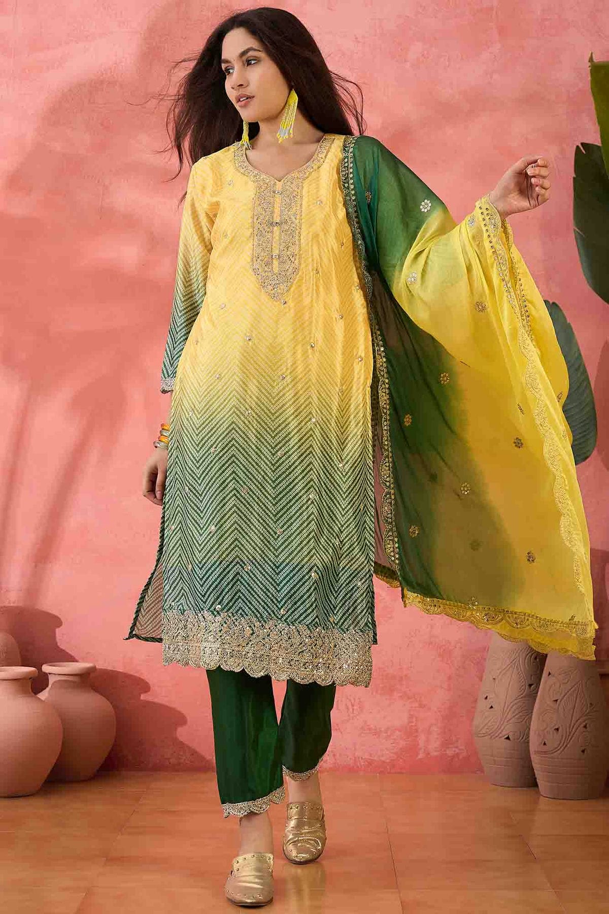 Yellow Colour Embroidery Chinon Silk Pant Style Suit VSSS1113505