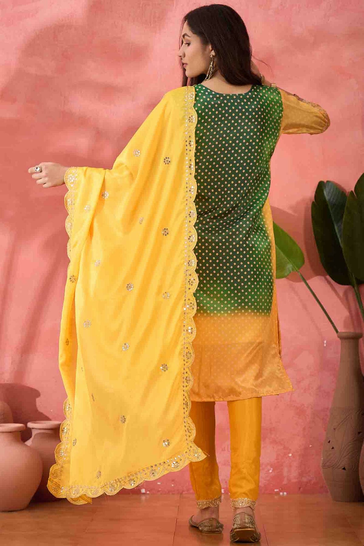 Yellow Colour Embroidery Chinon Silk Pant Style Suit VSSS1113510