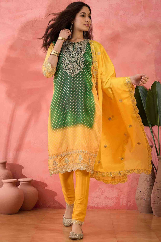 Yellow Colour Embroidery Chinon Silk Pant Style Suit VSSS1113510