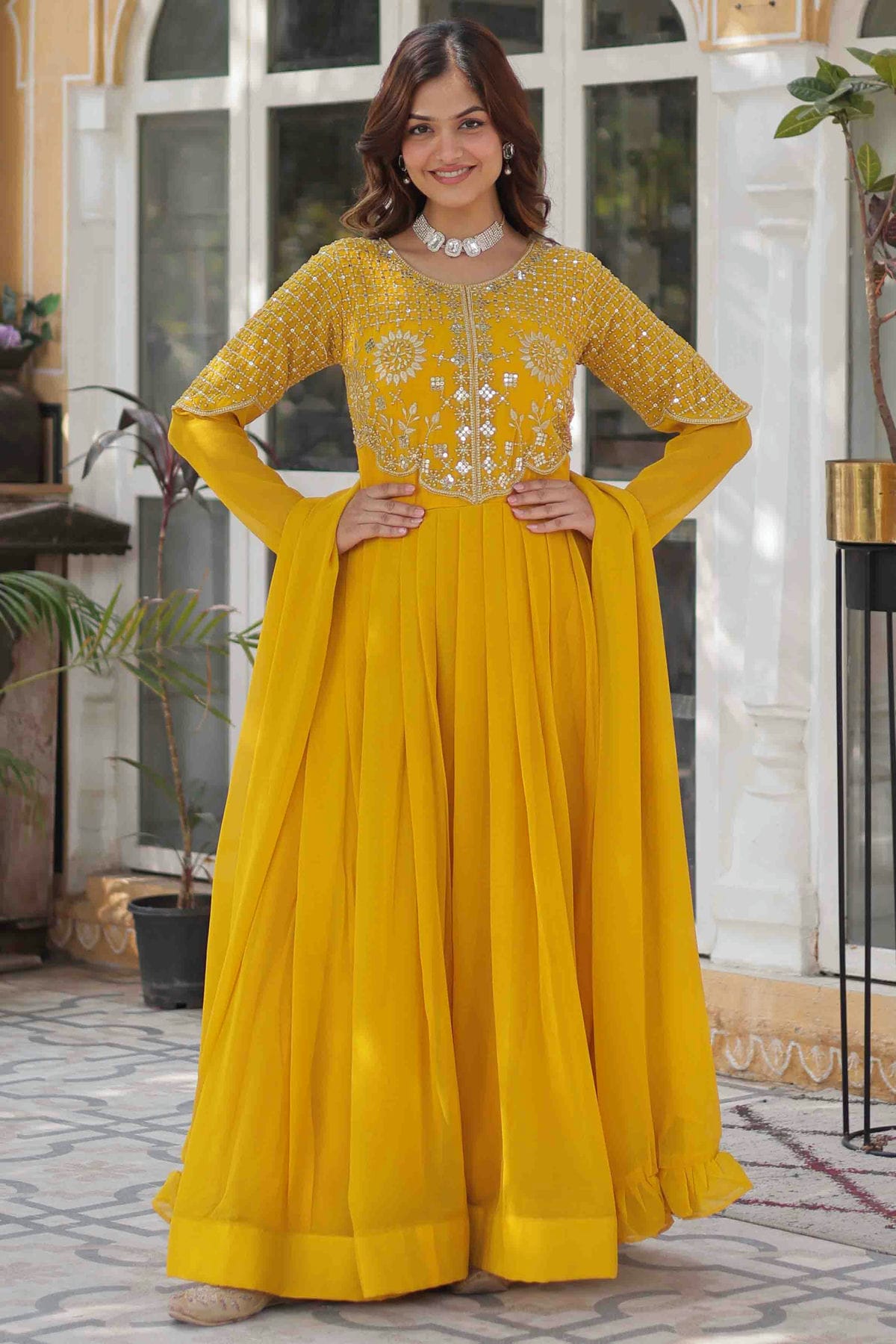 Yellow Colour Embroidery Faux Georgette Gown VSGW1113527