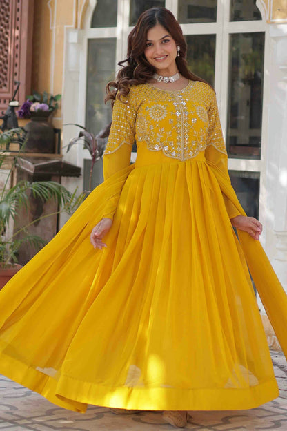Yellow Colour Embroidery Faux Georgette Gown VSGW1113527