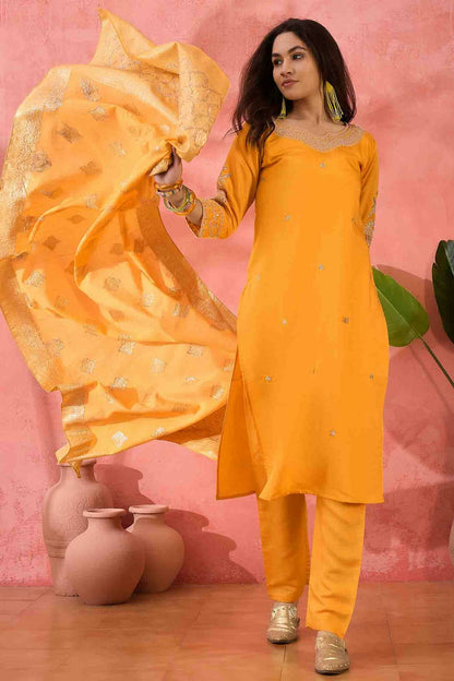 Yellow Colour Embroidery Roman Silk Pant Style Suit VSSS1113515