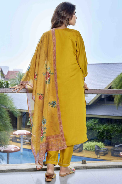 Yellow Colour Embroidery Viscose Chanderi Pant Style Suit VSSS1113462