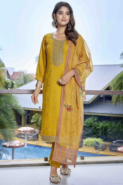 Yellow Colour Embroidery Viscose Chanderi Pant Style Suit VSSS1113462
