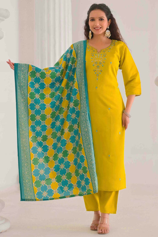 Yellow Colour Embroidery Viscose Chanderi Pant Style Suit VSSS1113500