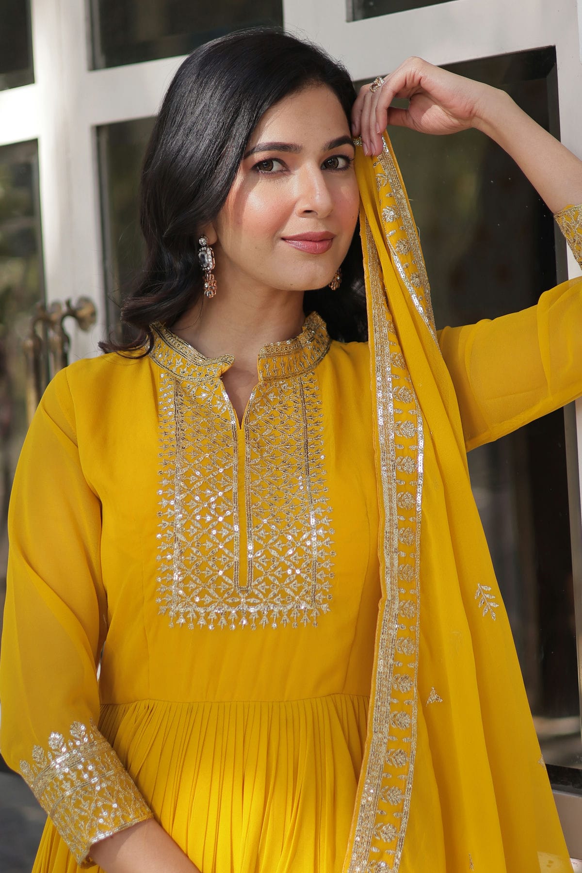Yellow Colour Faux Georgette Stitched Gown VSGW1112330