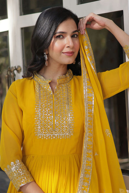 Yellow Colour Faux Georgette Stitched Gown VSGW1112330