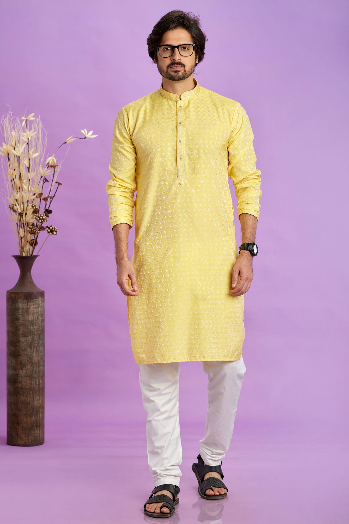 Yellow Colour Jacquard Art Silk Pintex Work Kurta Pajama VSKP1230199