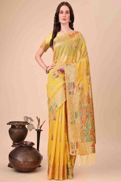 Yellow Colour Linen Cotton Woven Traditional Sarees VSSD1113733