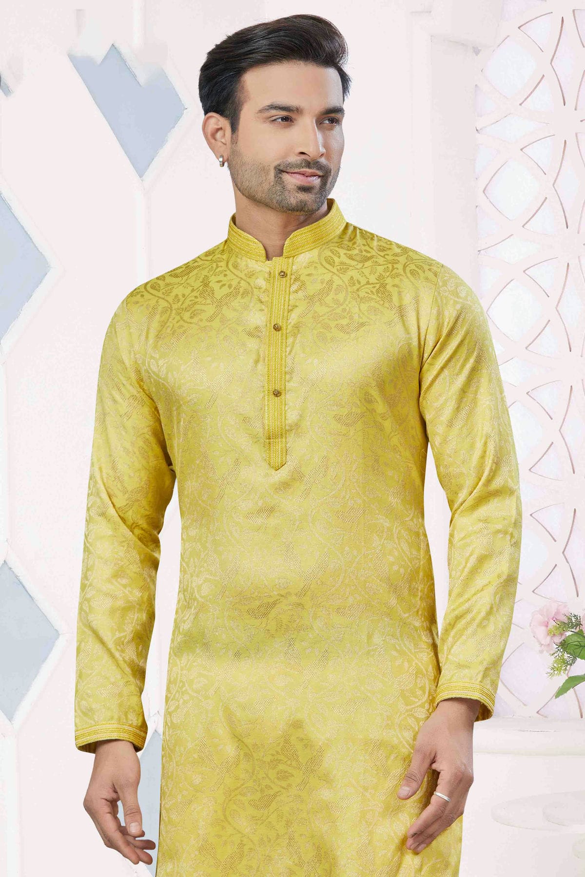 Yellow Colour Pintex Work and Woven Jacquard Silk Kurta Pajama VSKP1113408