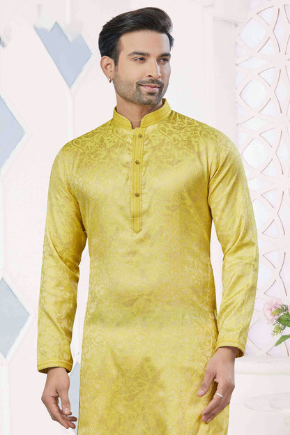 Yellow Colour Pintex Work and Woven Jacquard Silk Kurta Pajama VSKP1113408