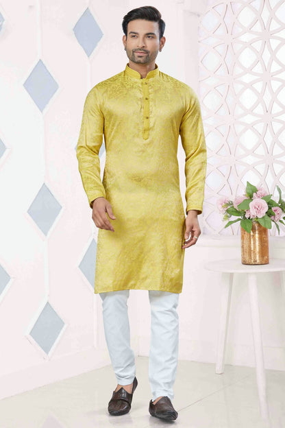 Yellow Colour Pintex Work and Woven Jacquard Silk Kurta Pajama VSKP1113408